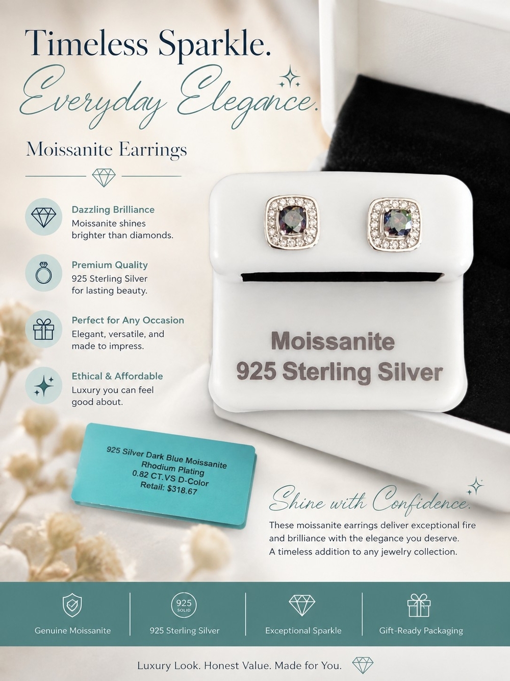 Moissanite 925 Sterling Silver Stud Earrings — Dark Blue